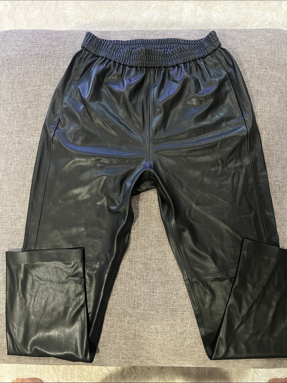 Women Black Faux Leather Jogger Pants - Elastic Waist